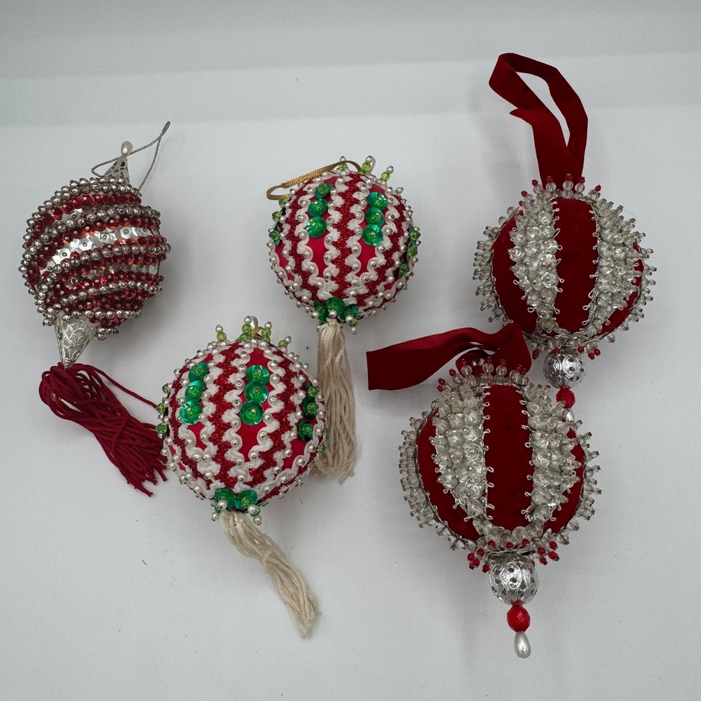 Vintage Handmade Beaded Christmas Ornaments Set 5 Red Velvet Satin Sequin